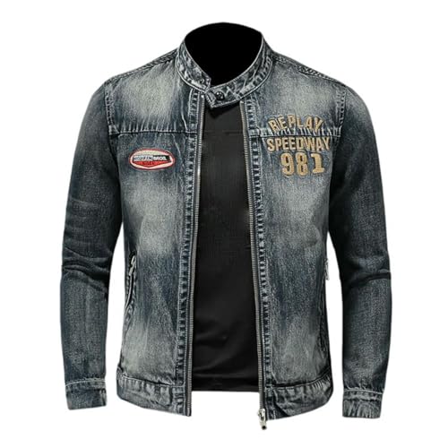 Veste en jean brodée homme col montant blouson denim mode automne printemps