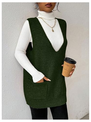 Image of SHENHE Women's Deep V Neck Long Sweater Vest Casual Loose Knit Tunic Pullover with Pockets