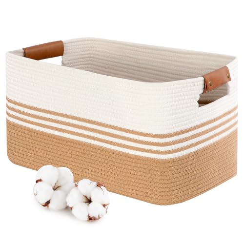 Ezvsevuo 65L Paniere Linge, Paniere a Linge Bebe pour Jouets avec poignées, Panier de Rangement en Corde de Coton,Corbeille Paniers pour étagères de bain(Blanc et Marron)