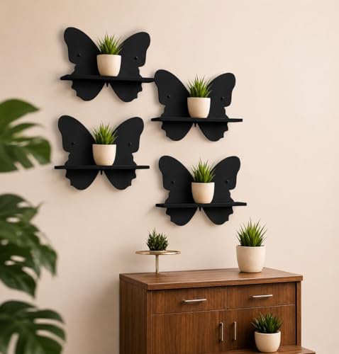 Image of DL Comfort Butterfly Wall Mounted Planter Holder Set of 8, Wooden MDF Decorative Indoor Plant Shelf Stand, Black Finish, Diamond Shape (Black, Pack of 8)