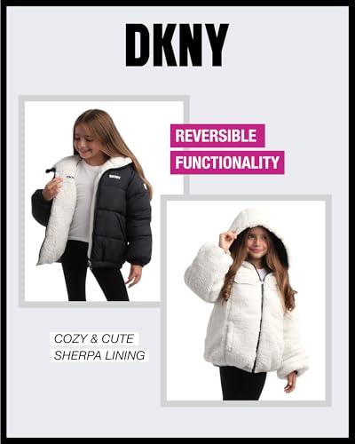 Image of DKNY Girls' Reversible Puffer Jacket - Quilted Bubble to Sherpa Hooded Winter Coat - Warm Outerwear Jackets for Girls (7-16)