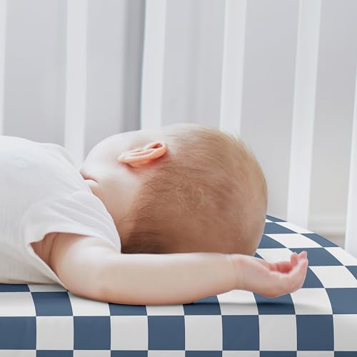 Image of Sweet Jojo Designs 2-Piece Baby Bassinet Sheets Set (Blue Gingham Checkered Plaid) for Boys, Infant Newborn Nursery, Oval, Rectangle & Hourglass Mattress (Solid Steel & Vintage, Classic, Checkerboard)