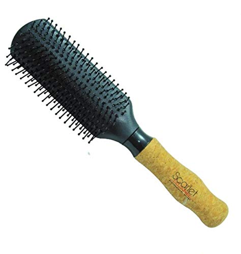 Professional Ladies 9 Rows Medium Styling Cork Flat Hair Brush with Anti Slip Grip Cork Wood Handle for Men n Women_Black Color
