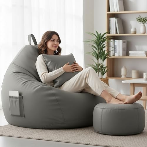 Image of KAM'S LIEU Leatherette Bean Bag Chair with Footrest | Filled with EPS Beans | Comfortable Sofa for Living Room & Bedroom | 4XL Size, Easy to Clean Color- (Grey)