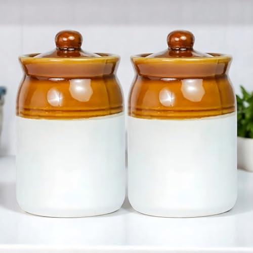 Image of Set of 2 Handmade Ceramic Pickle Jars with Lid - 1000ML Each | Bone Ash Free & Lead Free | Multipurpose Ceramic Storage Containers for Pickle, Achar, Chutney, Sauces, Spices
