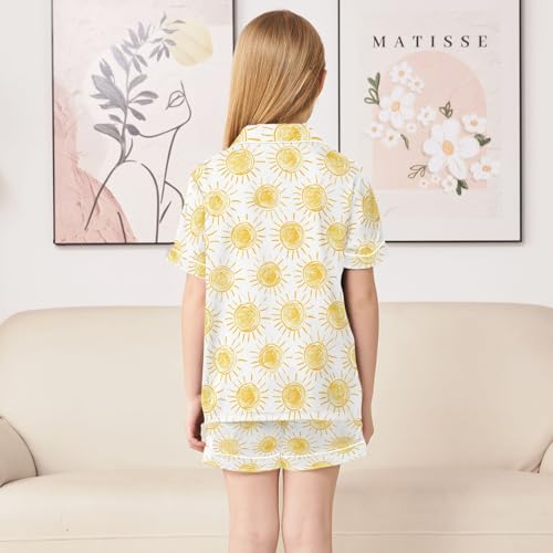 Sun Drawings Pattern Summer Satin Pajama Set, Cute Button-Down Sleepwear Pj Set for Sleep Wears4