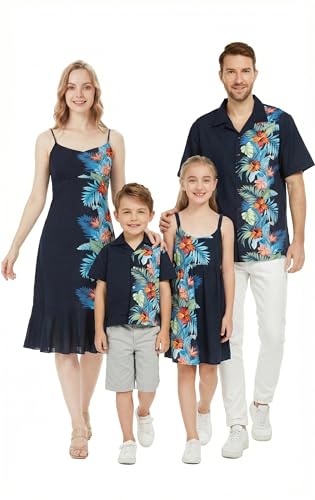 Image of Matchable Family Hawaiian Luau Men Women Girl Boy Clothes in Orchid Paradise Navy