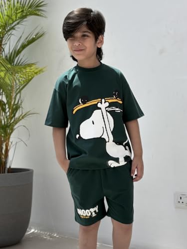 Image of Nap Chief Kids Official Peanuts Snoopy Printed Boys & Girls Cotton Co ord Sets, T Shirt and Shorts for Casual Wear