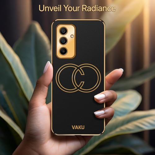 Image of Vaku Luxos Skylar Back Cover for Samsung Galaxy M34 5G with Leather Pattern Gold Electroplated Soft TPU Cover Shockproof Protective Case- Black