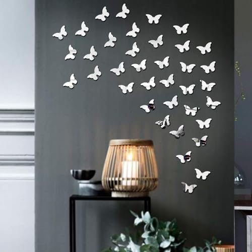 Image of Bikri Kendra - Mirror Sticker for Wall, Acrylic Sticker, Decorative Mirror Sticker for Wall, Acrylic Stickers, Wall Stickers for Hall Room, Bedroom. (ButterflySilver40)