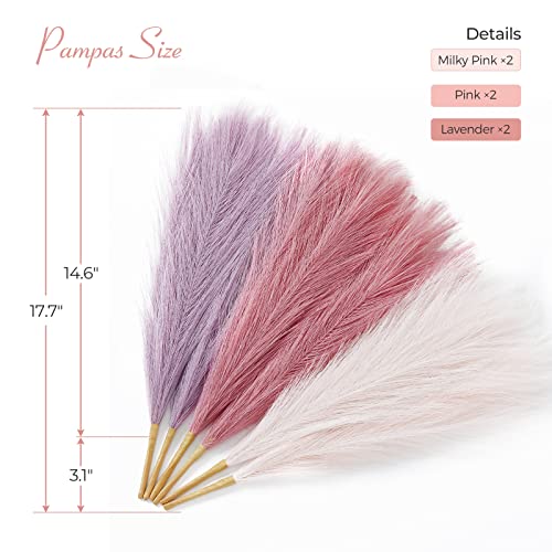 Image of Serwalin Faux Pampas Grass Pink Purple Decor 17 Inch 6pcs, Small Vase Filler Artificial Pampas Grass Arrangements, Boho Bathroom Living Room Wedding Home Pompous Flowers Party Decoration