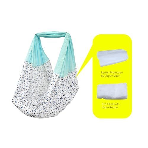 Image of Cotton New Born Baby Swing Cradle (Jhula) | Bismark Cradle with Mosquito Net | Weight Capacity Up to 20Kg | Age from 0-12 Months | Cradle Set (Blue Emily)