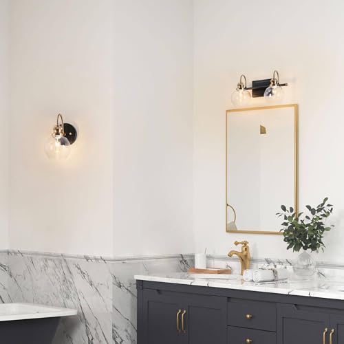 Image of KSANA Black Gold Vanity Light, Modern 2-Light Bathroom Light Fixture with Clear Glass Globes, Electroplating Brass 14.5 inchL Vanity Lighting Over Mirror