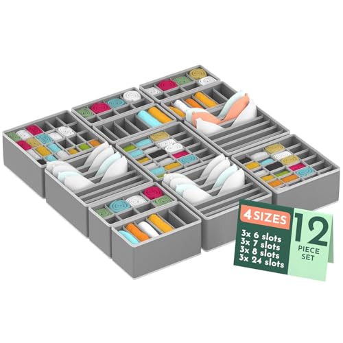Image of Kuber Industries 12 Pcs Set Foldable Multicompartment Socks Organizer for Wardrobe | Cloth Organizer for Storage | Tie, Socks & Underwear Organisers Storage Box for Closet | Grey