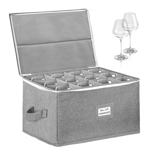 Wine Glass Storage Bag, 16.93'' x 12.2'' x 9.84'' Wine Glassware Storage Holds 12 Glassware Stemware Storage Cases Removable Glass Storage Box with Handles, Hard Shell and Stackable(Grey)