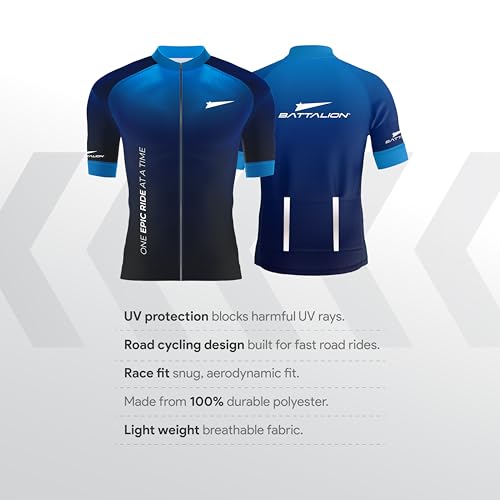 Image of Battalion Bicycle Aero Cycling Jersey | Men's Short Sleeves Cycling Jersey with Reflective Rear Pockets & Power Banded Sleeves | Cycling Wear (Blue /Large)