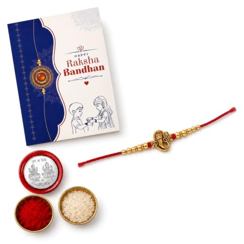 Image of Oblivion Rakhi For Brother - Elegant Stylish God Designer Rakhi with Beads and Silver Colour Pooja Coin, Tilak Set & Greeting Card - Traditional Raksha Bandhan Combo for Bhai