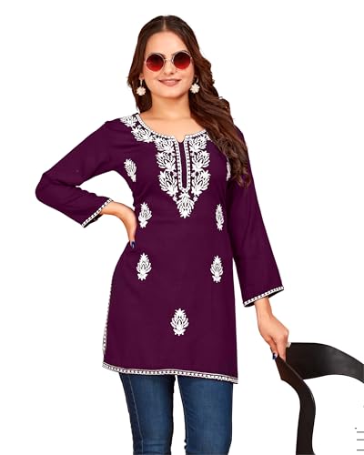 Image of Women's Rayon Chikankari Embroidered Short Kurti | Lucknowi Work Kurta