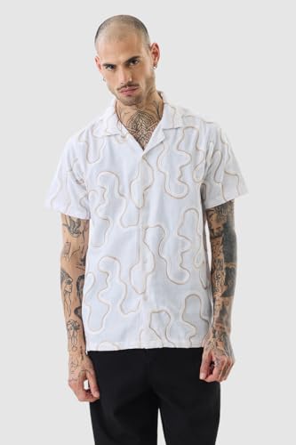 Image of SNITCH Men Casual Shirt | Regular Fit Half Sleeve Cuban Collar Textured Pattern with Embellished Sequins | 100% Viscose & Breathable Fabric for Everyday Wear