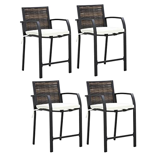 Image of LOKATSE HOME Bar Stools Counter Height Chair Set of 4 Wicker Decoracted Patio Furniture with Armrest for Garden Pool Lawn Backyard
