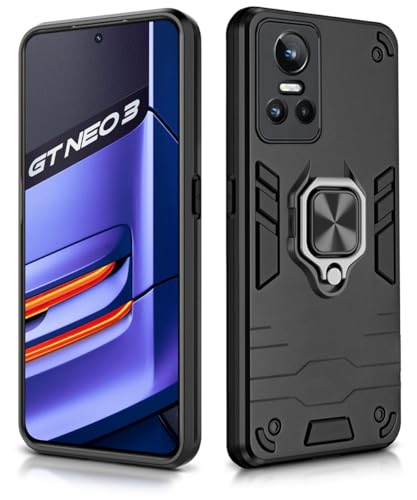 Image of WOW IMAGINE Shock Proof Back Case Mobile Cover for Realme GT Neo 3 5G | Back Cover Case (Tough Armor | Hybrid PC + TPU | Ring Holder & in-Built Kickstand | Black)