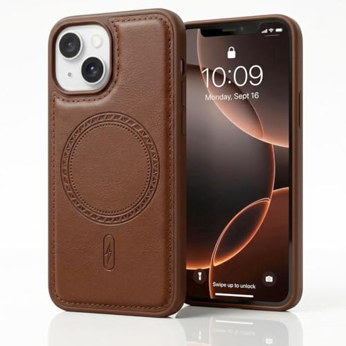 Image of amazon basics Premium PU Leather Case for iPhone 13, MagSafe Compatible Magnetic Ring, Sleek Protective Back Cover - [Brown]