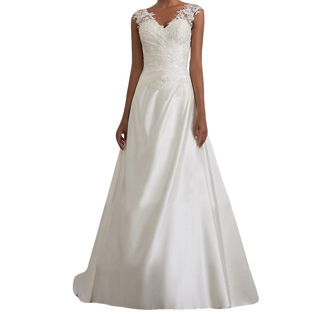 Robe de Mariée Femme Longue Col en V en Dentelle Taille Empire sans Manches Robe de Soirée Robe de Mariage en de Bal