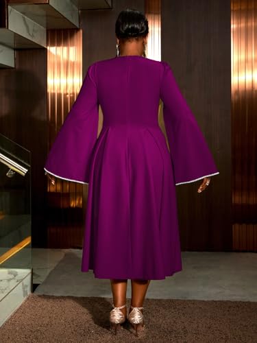 AOMEI Women Pearl Cloak Long Sleeve Crew Neck Empire Waist Belt A Line Midi Cocktail Dress4