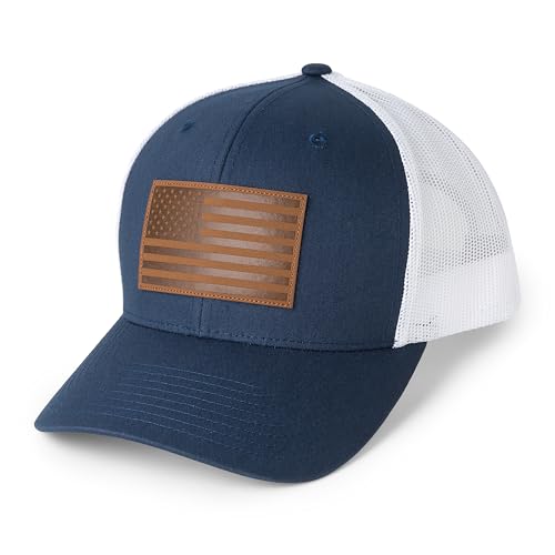 Image of 13 STRIPES American Flag Hat - Leather Patch Mesh Back Snapback Hat for Men & Women USA Flag Trucker Hat, Casual Unisex Hat
