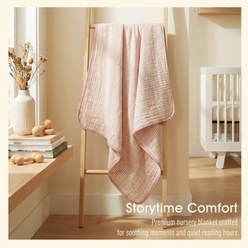Image of Ultra Soft Muslin Baby Blanket - Made with Organic Cotton, Earthy Botanicals Jacquard Swaddle & Crib Quilt, 43x43 (Dusty Pink Stripes)