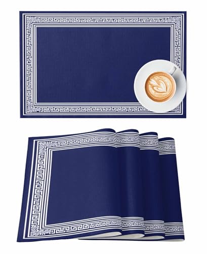 Navy Blue Geometric Placemats for Dining Table Set of 6, White Greek Key Farmhouse Linen Cloth for Square/Rectangle/Round Table Mat Placemat, Kitchen Dinner Holiday Décor