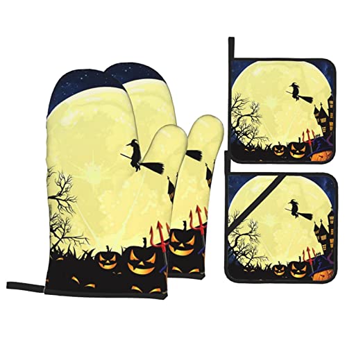Halloween Moon Horrible Pumpkin Printed Oven Mitts And Pot Holders Heat Resistant Potholders Oven Gloves And Pad For Baking Kitchen Grilling - 4 Set #TOP8