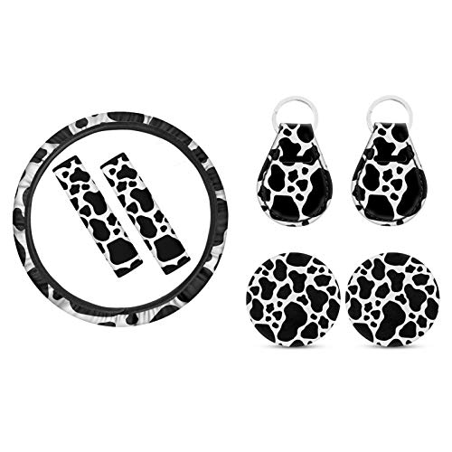 INSTANTARTS 7 Piece Auto Interior Decoration,Cow Lover Car Accessoreis Set Included 2 Piece Seat Belt Pads, 2 Piece Cup Mats,2 Piece Keychain,Steering Wheel Cover,Black and White