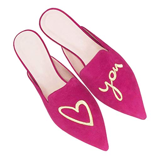 Fericzot Women's Velvet Backless Pointed Toe Slip On Loafers Flats Embroidery Mule Slippers Shoes Rose-Love U 8 #TOP3