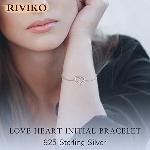 RIVIKO Heart Initial Bracelets for Women,925 Sterling Silver Letter Bracelets, Personalized Charm Alphabet Jewelry Valentines Christmas Mother’s Day Birthday Gifts for Women Friend Her Mom Wife Lady3