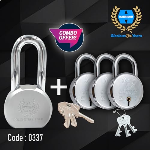 Image of Harrison Padlocks Free Long Shackle Padlock 65Mm 0949 With 3 Round Padlock 60Mm J - Supreme - 0672 Mild Steel Chrome Plated for Door, Shutter, Godown