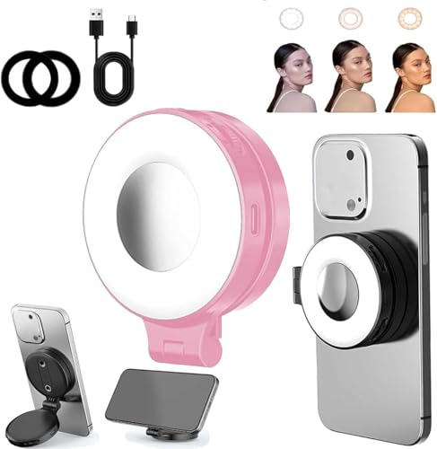 3-in-1 Magnetic Beauty Selfie Light per Phones Foldable Lights con Mirror 360° LED Ring Fill - Three Soft Color Temperatures per Recording Pink