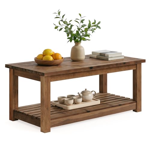 Image of LITTLE TREE Solid Wood Coffee Table, 47-Inch Living Room Center Table with Shelf, 2-Tier, Easy Assembly, 23.6 inch D x 47.2 inch W, Rustic Brown