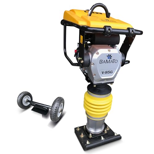 BAMATO Vibrationsstampfer V-85G | 1-Zylinder 4-Takt OHV Motor | 4,1 kW Leistung | 10 kN Verdichtungsdruck | Plattengröße: 290 x 345 mm | Schlagzahl 450-650 1/min. | Rüttelstampfer Grabenstampfer