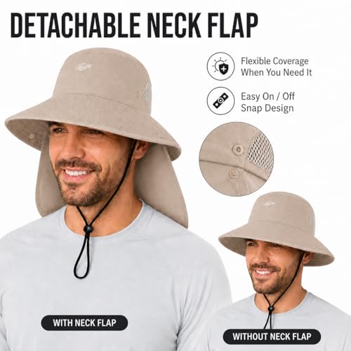 Image of Palmyth Fishing Hat with Detachable Neck Flap UPF 50+ Breathable Sun Hats | Sun Protection, Breathable Mesh, Water Resistant, Sweat Wicking, Snap Design, Adjustable Chin Strap & Size