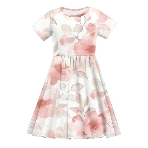 Short Sleeve Dress for Girls 2025 Summer Floral Print Casual Crew Neck A-Line Swing Beach Midi Dresses for 4-14 Years4