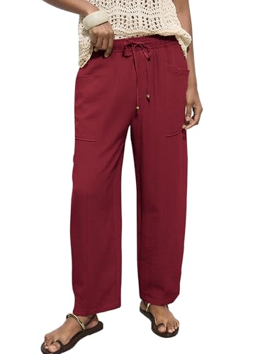 Acelitt Womens Cotton Linen Palazzo Pants Drawstring Elastic Waist Casual Wide Leg Trousers with Pockets2