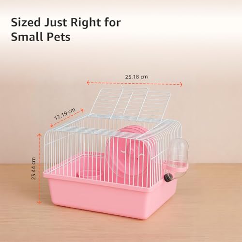 Image of Amazon Basics Hamster, Gerbil, Guinea Pig Cage and Playhouse | Pink | Spacious Plastic Cage for Small Pets | Double Story with Slide, Exercise Wheel and Feeding Bottle | LxWxH- 23x 17x 25 Cm