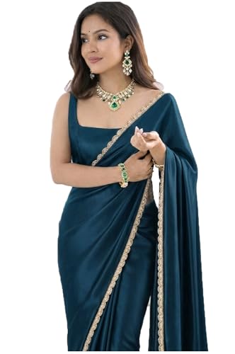 Image of SATAZ Women's Ready To Wear Teal Blue Satin Silk Saree Scalloped Border Readymade Stitched With Unstitched Blouse