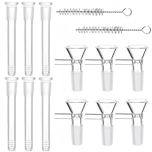 14Pcs Grade Borosilicate Glass 14mm Threaded Adapter with 6 Glass Funnels and 6 Borosilicate Blowing Tubes - High Temp Resistant for Industrial, Laboratory, and Craft Projects, with 2 Cleaning Brush