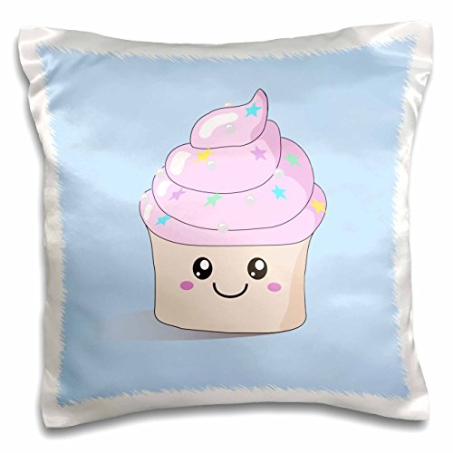 3dRose InspirationzStore Cute Food - Cute Pink Happy Cupcake with Stars Silver Pearls on Pastel Baby Blue Kawaii Smiley Smiling Cupcakes - 16x16 inch Pillow Case (pc_76564_1)