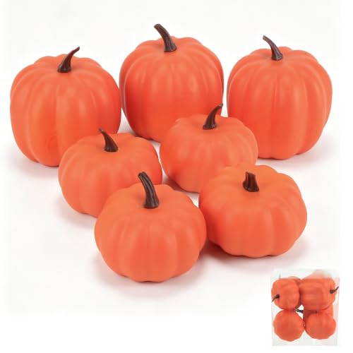 Image of Ghrdopy Fake Pumpkins, 7 Pcs Orange Artificial Pumpkins, Plastic Pumpkins for Thanksgiving Party Table Centerpiece Autumn Home Decoration-A