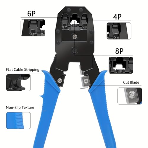 Image of COOLCOLD 3-in-1 RJ45 Crimping Tool Kit - Wire Stripper, Cutter & Crimper for RJ45, RJ11, RJ12, Cat5e /Cat6 LAN Cable with 5 Connectors & 5 Boot Covers - Blue /Green