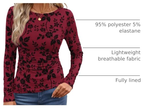 Image of ZESICA Womens Floral Long Sleeve Shirts 2026 Spring Boat Neck Mesh Ruched Tops Fitted Asymmetrical Going Out Blouses