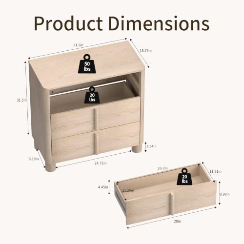 Image of 31.5 inch Wide 3 Drawer Nightstand, Wood Grain Chest of Drawers, Large Bedside Storage Cabinet with Drawers for Bedroom and Living Room, Curved Design with Rounded Wood Handles,Natural Wood